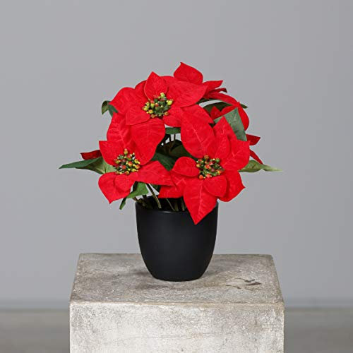 mucplants Künstlicher Weihnachtsstern Poinsettie Rot 29cm im schwarzen Kunststofftopf Kunstpflanze Dekopflanze