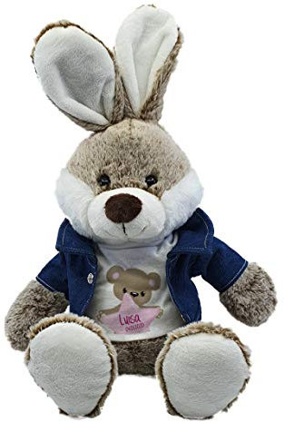 CreaDesign, Kuscheltier Plüschtier Hase Elvis Teddy rosa, mit Name, braun, 45 cm, kuschelweich, mit Jeanshemd und Shirt