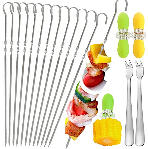 Daily Treasures 12 Stk Spieße Edelstahl Lang, 38 cm Kebab Spieße Girll mit 4 Mais Halter Grill + 2 Fleischgabeln, Spiesse Grill Edelstahl Schaschlikspieße Grillspieße für Lagerfeuer Grillschale Campen