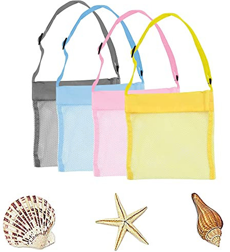 YZSZ 4 Stücke Shell Leichte Aufbewahrungstasche für Kinder Outdoor Strand Aufbewahrung Netz Tasche Wiederverwendbare Mesh Strandtaschen Aufräumsack Spielsack Badetasche Beachbag für Familie Urlaub