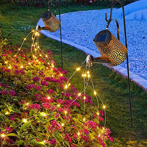 Glintoper Paquete de 2 regaderas solares al aire libre, luces de cascada con gancho de pastor, luces decorativas LED con energía solar, para patio, pasarela, césped