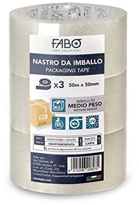 Fabo 3 Pezzi Nastro da Imballaggio Trasparente, 50 m x 50 mm, Silenzioso, Ecologico Senza Solventi, Ideale per Imballo Pacchi e Traslochi, Made in Italy
