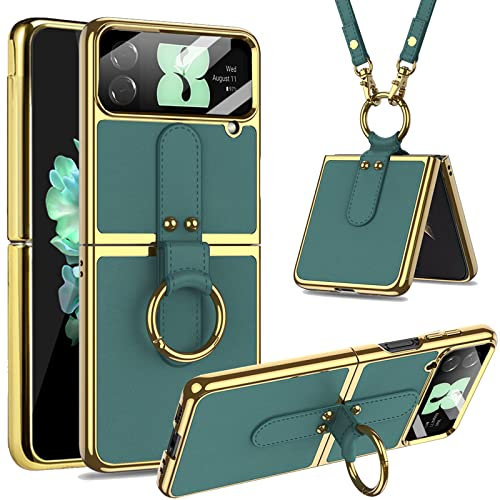 Miimall Lederhülle Kompatibel mit Samsung Galaxy Z Flip 4 Hülle mit Kameraschutz, Z Flip 4 Handyhülle mit Band+Ring+Ständer Galvanisierter Rahmen Stoßfest Schutzhülle für Galaxy Z Flip 4-Waldgrün