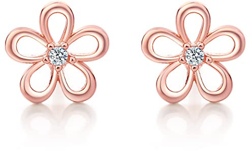 ZHOU LIU FU 925 Silber Ohrringe Rosegold Cubic Zirkonia Ohrstecker Blumen Design Lochmuster Ohrschmuck Geschenk für Damen Mutter Geburtstag Jahrestag Geschenk J099303
