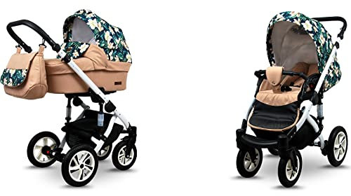 BabyLux® Sky Lark 2-in-1 Baby Kinderwagen Tief und Kinderwagen mit Zubehör Verstellbar und faltbar Aluminiumkonstruktion Wasserdicht Nicht abnehmbare Räder Creamy Lillies White Frame