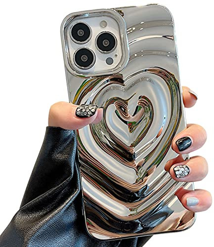 NITITOP Compatible for iPhone 13 Pro Max Case Cute Love Heart Fashion Soft Silicone 3D Heart Silver Water Ripple Shockproof Women Girls Case Cover - iPhone 13 Pro Max