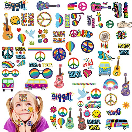 Qpout 10 Blatt Hippie Tattoos Temporär sortiert trendy Hippie Aufkleber Flower Power Liebe und Frieden Zeichen Groovy Tattoos für Erwachsene und Kinder Hippie Groovy Party Favor Accessorie