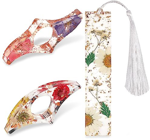 Prasacco 2 Pcs Thumb Book Page Holder and 1 Pc Bookmark, Dried Flower Resin Book Page Holder Bookmark Page Holder Book Accessories Book Lovers Gift Ideas for Teacher Reading Students Book Lovers