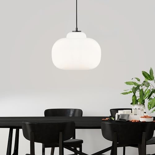 Lightbox dimmbare Hängelampe mit weißem Glas-Schirm | max. 1,29 m Höhe, Ø 30 cm | höhenverstellbare Pendelleuchte mit kürzbarem Kabel | E27 Fassung | Esszimmer | aus Glas/Metall