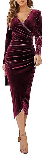 CheChury Evening Dresses for Women UK Maxi Dresses Velvet Ruched V-Neck Dress Bodycon Split Wrap Dress Elegant Wedding Cocktail Party Fall Winter,Red,L