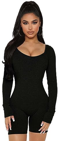 MeeQee Women Yoga Jumpsuits Sexy Ribbed Playsuits Long Sleeve U-Neck Backless Sport Short One Piece Rompers Fashion Solid Colour Bodysuits Slim Stretch Exercise Bodycon for Yoga, Running, Gym, Workout