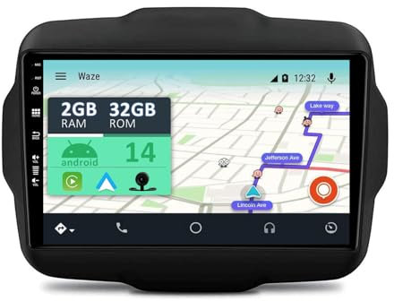 YUNTX Android 14 2 Din Autoradio per Jeep Renegade(2015-2018)-9 pollice Touch Screen-Gratuiti Camera-Support DAB/Bluetooth 5.0/CarPlay/WiFi/Controllo del volante/Mirror-Link/WiFi/USB/4G