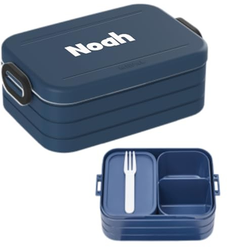 Mepal Bento Lunchbox Take A Break Midi - Personalisierte Brotdose mit Namen - Bento-Fach & Gabel - Geeignet für bis zu 4 Butterbrote - BPA-frei & Spülmaschinenfest - 900 ml - Nordic Denim