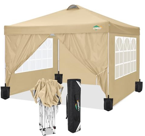 COBIZI faltpavillon 3x3,pavillon 3x3 wasserdicht stabil Winterfest,mit 4 Seitenteilen,4 Sandsäcke und Entlüftung,UV Schutz 50+,pop up pavillons faltbar partyzelt 3x3m für Outdoor Garten(Khaki