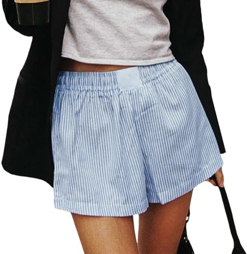 Yassiglia Damen Gestreifte Lounge Shorts - Leichte Sommerhose mit Elastischer Taille - Pyjamahose mit Weitem Bein (Blau A, S)