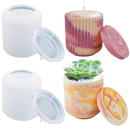Zepitniy 2 Pièces Moule à Bougie en Béton Moule en Silicone Bougeoir Moule Coulée Pot de Bougie avec Couvercle Moule Resin Epoxy Moulage Coupe à Bougie pour DIY Coulée Bougies Pot de Fleurs