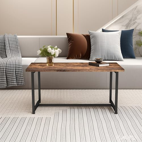 VERFARM Modern Rechteckiger Couchtisch, Wohnzimmertisch mit Metall Gestell, Industrie-Design, Einfache Aufbau, Sofatisch aus Holz, Beistelltisch, Stubentisch, 90x45x42cm Vintagebraun