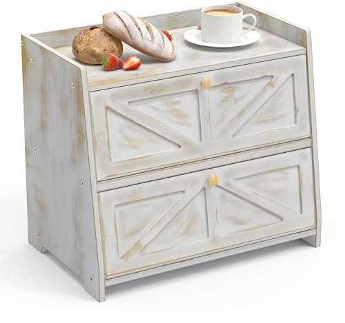 Trironsun Panera vintage de doble capa para encimera de cocina, contenedor de almacenamiento de pan de bambú de gran capacidad (blanco antiguo)