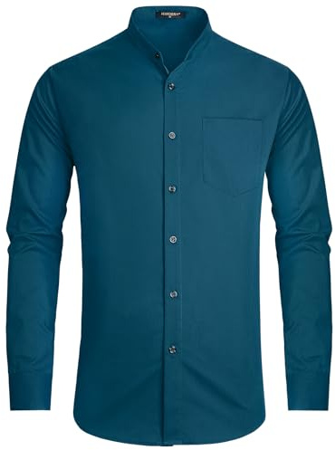 HISDERN Collarless Shirts for Men Long Sleeve Elegant Mens Grandad Dress Shirt Teal Regular Fit Mandarin Collar Shirts for Wedding Casual XL