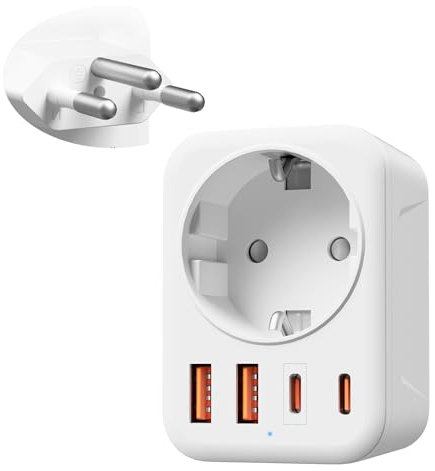 Adattatore Svizzera UE, 5 in 1 Adattatore da Viaggio Svizzera con 1 AC & 2 USB-C & 2 USB-A (3.4A), Adattatore Svizzera a 3 pin per Liechtenstein, Madagascar, Maldive, Ruanda, Spina da Viaggio Tipo-J