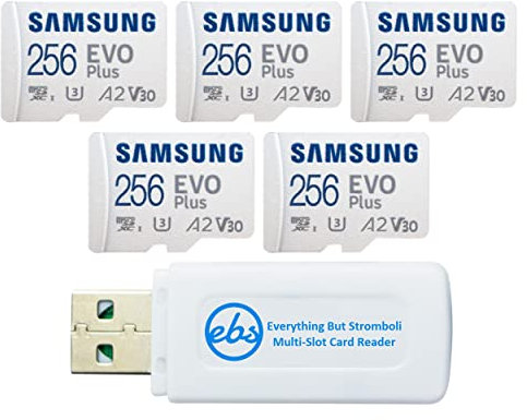 Samsung MicroSD 256GB Evo Plus Memory Card with Adapter (5 Pack) Class 10 UHS-I V30 U3 130MB/s Read (MB-MC256) Bundle with (1) Everything But Stromboli Micro & SDXC Card Reader