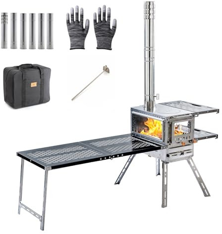 CAMPJOURNEY Stufa a legna a legna, stufa a tenda calda, in acciaio inox 304, portatile, con forno e tavolo da campeggio e 6 tubi per camino, per esterni, campeggio, cucina, tende, viaggi in auto