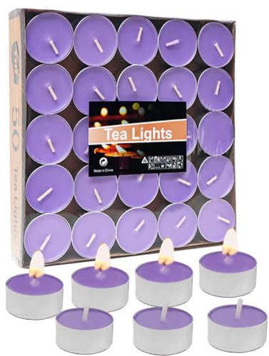 50 velas de té de color morado, 4 horas de combustión, pequeñas velas, sin olor ni humo, sin sustancias nocivas, velas votivas, velas de té para spa, celebraciones, bodas, mesas de comedor, relajarse