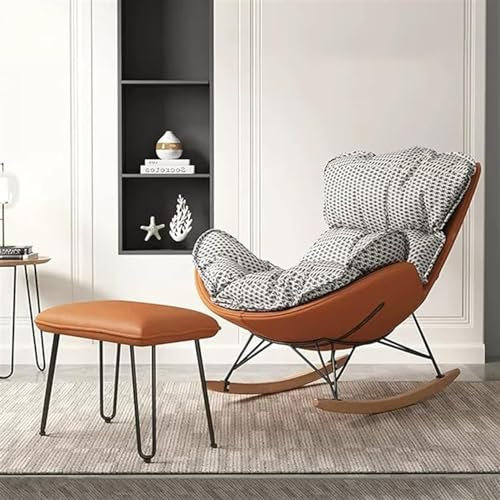 SZITW Schaukelstuhl, gepolsterter Sitz mit Ottomane, gepolsterter Schaukelstuhl mit Massivholzbasis, bequemer Beistellstuhl, Freizeitstuhl für das Wohnzimmer, Einzelsofa für Erwachsene (Farbe: Ch