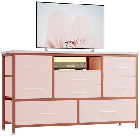 Baloveby Commode à 8 Tiroirs, Meuble TV avec Lumière LED, Station de Charge, Commode pour Chambre, Salon, Couloir avec Structure en Métal, Plateau de Table en Bois (Rose)