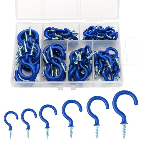 Tahbarshi 75PCS Blue Metal Ceiling Hooks, Vinyl Coated Screw-In Wall Hooks for Hanging Plants, Cups, Utensils, Lights and for Indoor & Outdoor Use