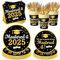 Graduation Decorations Class of 2025, Black Gold Mastered It 2025 Disposable Paper Plates Napkins and Cups for Master College High School Graduation Party Supplies Serve 25