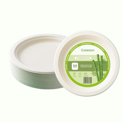 Carezon Bagasse Plates Pack of 50 Eco-Friendly, Compostable and Recyclable,Microwave & Freezer Safe, Disposable White Paper Plates Sets for Parties, bbqs,Events,Catering and Daily Use-10 Inch (Round)