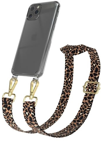 EAZY CASE Handykette - Verstellbares Taschenband kompatibel mit iPhone 11 Pro, Schulterriemen, Handykordel mit Silikon Hülle, Umhängetasche, Leo - Schwarz Braun Metall Gold