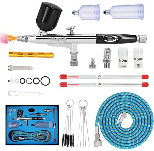 Kit de Aerógrafo Profesional de Doble Acción con Agujas de 0,2 mm/0,3 mm/0,5 mm, Tazas de 10 cc/20 cc/40 cc, Manguera y Set de Limpieza, Perfecto para Modelismo, Pintura de Coches, Uñas y Manualidades