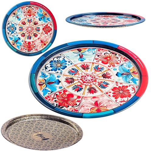 KADAX Serviertablett aus Metall, 32.5 cm Durchmesser, Rundes Deko Tablett mit erhöhtem Rand und dekoratives Design, Dekoteller Rund, Metalltablett (Blumen)