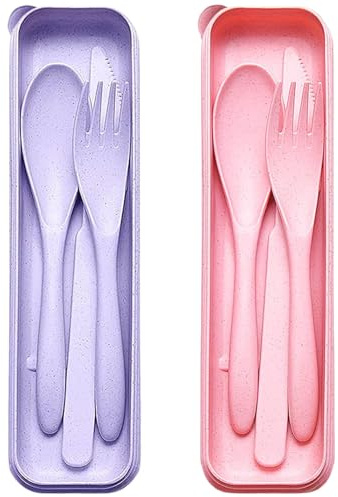 Reusable Cutlery Set with Case, 2 Sets Portable Plastic Travel Knife Fork Spoon Flatware, Camping Utensils for Lunch Box School Work Picnic Daily Use (Purple+Pink)