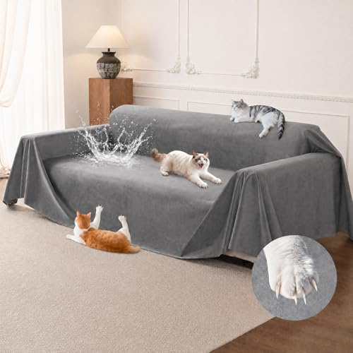 Loiion Kratzschutz Sofa Katze, Weich Couch Katzenschutz, Grau, 340x180cm | Sofa Überzug 3 Sitzer, Sofabezug Wasserdicht Tierhaare, Rutschfest Sofaüberwurf für Haustiere Kinder Hund Katze Kratzer