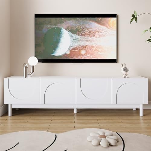 ModernLuxe TV Units for Living Room, Elegant TV Cabinet with 4 Curved Wave-Shaped Doors and Adjustable Shelves, Handleless Modern Design with Stable Solid Legs, White, 169x34x45.5cm