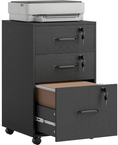 HOMCOM Mobile Filing Cabinet with 3 Drawers, Wheels, Lockable, Black | Rolling Under Desk Drawers, for A4 and Letter Sized Hanging File Holders, Printer Stand, Home Office