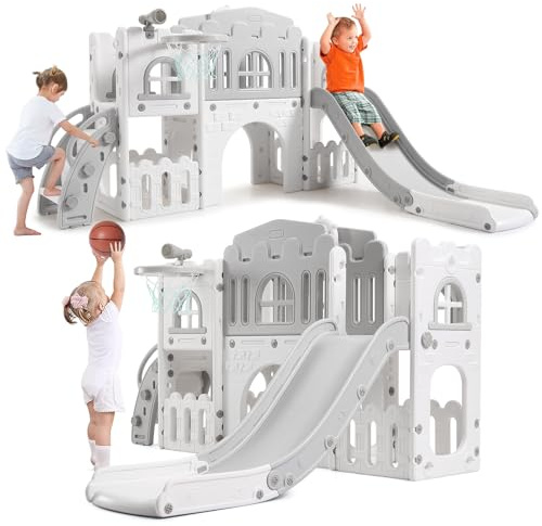 Aptliton 8-in-1 Toddler Slide Playset,Freestanding Indoor Outdoor Playground with Slide,Climber,Tunnel,Basketball Hoop and Toy Storage,Activity Playset for Toddlers Ages 1–3,Grey