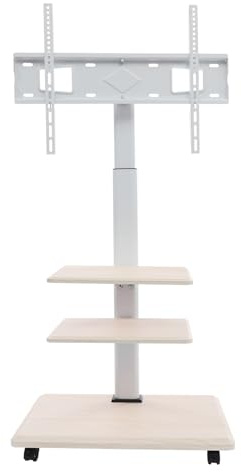 Quenoxo Mobile TV Stand, TV Floor Stand, Adjustable Height & Swivel Angles, TV Stand with 3-tier Shelves, Strong Structure, Capacity 45kg, White