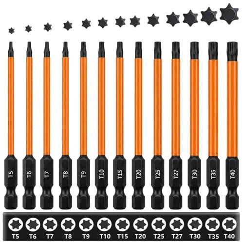 13pcs 75mm Torx Head Screwdriver Bit Set Tamper Proof Security Torx Bits | Impact Screwdriver Bit Set Premium S2 Steel Magnetic Star Security Head for Electric Hand Screwdrivers (T5-T40)