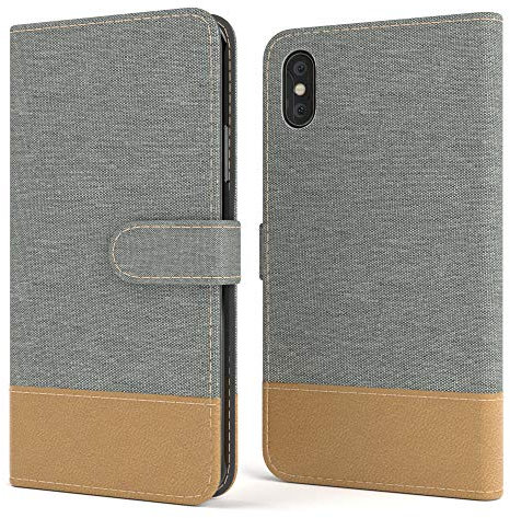 EAZY CASE Tasche kompatibel mit iPhone X/XS Stoff Schutzhülle mit Standfunktion Klapphülle im Bookstyle, Handytasche Handyhülle Flip Cover mit Magnetverschluss und Kartenfach, Kunstleder, Hellgrau