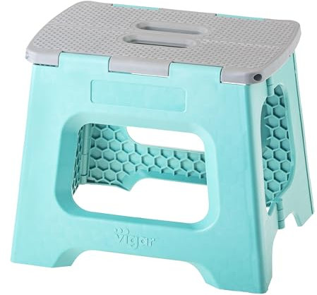 Vigar - Taburete Plegable - Modelo Compact - 33 x 27 x 27 cm - 80% Plástico Reciclado - Cocina, Baño y Camping - Turquesa