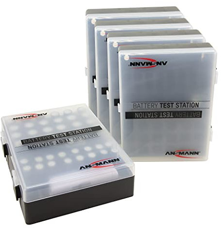 ANSMANN Batteriebox inkl. Akkutester für AAA Micro, AA Mignon & 9V Block Akkus und Batterien - Akkubox zum Schutz & Transport für 48 Accus - Batterie Box & Akku Box zur Aufbewahrung - 5 Stück, schwarz