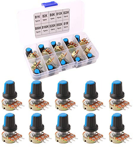 FULARR® 10Pcs Premium Lineare Cono Rotativo Potenziometro, Regolabile 3-Terminale B-Tipo Rotante Potenziometro con Pomello Berretto, per Arduino (B1K~B1M Ohm)