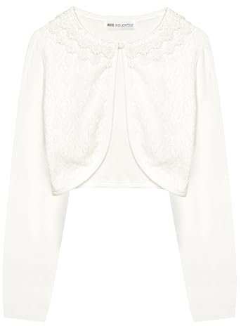 Bolerose Mädchen Lange Ärmel Blumen Spitze Bolero Strickjacke Kinder Zucken (Elfenbein, 11-12 Jahre)