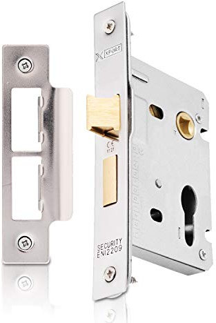 XFORT® Polished Chrome Euro Profile Sashlock 75mm for Internal and External Doors, Latch Mechanism and Cylinder Key Locking Security, CE Approved and Fire Rated Protection