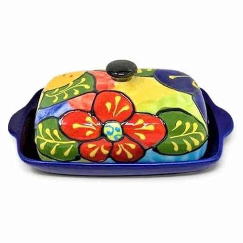 Verano Spanish Ceramics Classic Spanish Hand Painted Butter Dish - Home Kitchen Restaurant Café Dining Table Food Sharing Serving Bread Margarine Dishes - 19cm L x 12cm W (Internal 4cm H) Floral