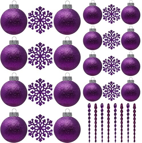Lila Kugeln für Christbaumschmuck, bruchsicherer Kunststoff 60 mm und 80 mm Glitzer-Schneebälle, Eiszapfen und Schneeflocken, Ornament-Set mit 32 Stück